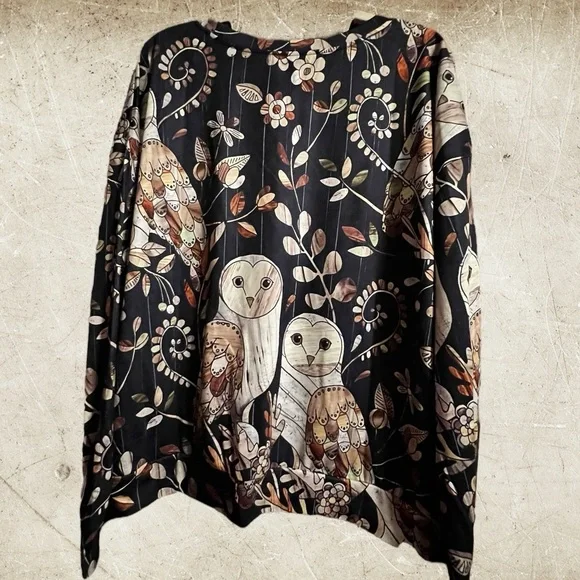 Owls in the Forest Women’s Blouse NWOT 95% Poly/40% Spandex, crewneck, wide hem. - Picture 7 of 7